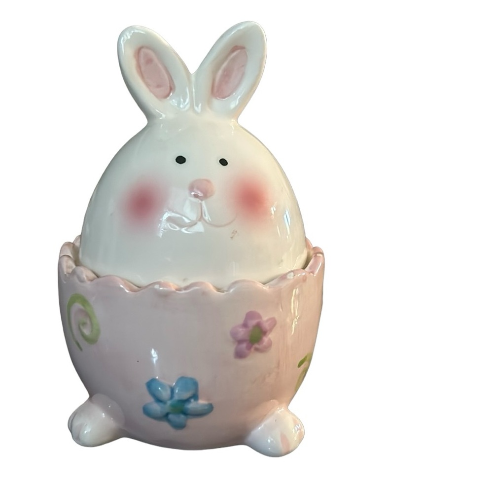 Ceramic Bunny Trinket Holder floral egg‎ shaped 5”x3”